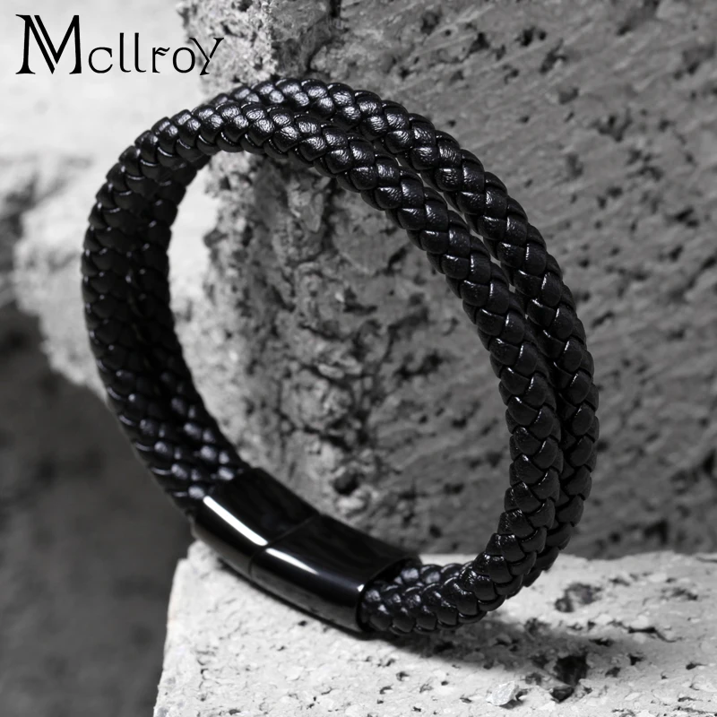 Goedkoop Mcllroy Lederen armband Echte koe huid Dubbele Titanium rvs knop Braid bangle Trendy Mannen sieraden geschenken voor mannen