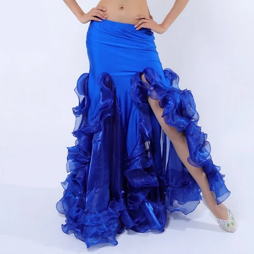 Одежда для танцев, одежда для танца живота, аксессуары, гофрированные длинные макси юбки с разрезом сбоку, рыбий хвост, органза, юбка для танца живота для женщин - Цвет: Royal blue
