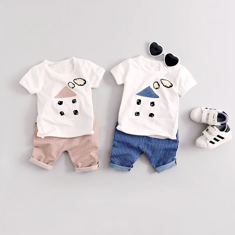 2Pcs Baby Clothing Set Children Clothes Summer 2017 Cotton Newborn Cute Cartoon House Print Top Stripe Pants Baby Boys Clothes