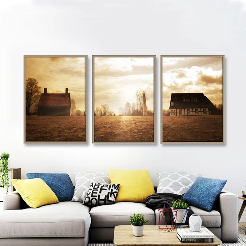 Canvas-Paintings-Wall-Art-Prints-3-Pieces-Vintage-Country-house-Pictures-Sunset-Landscape-Posters-Home-Decor