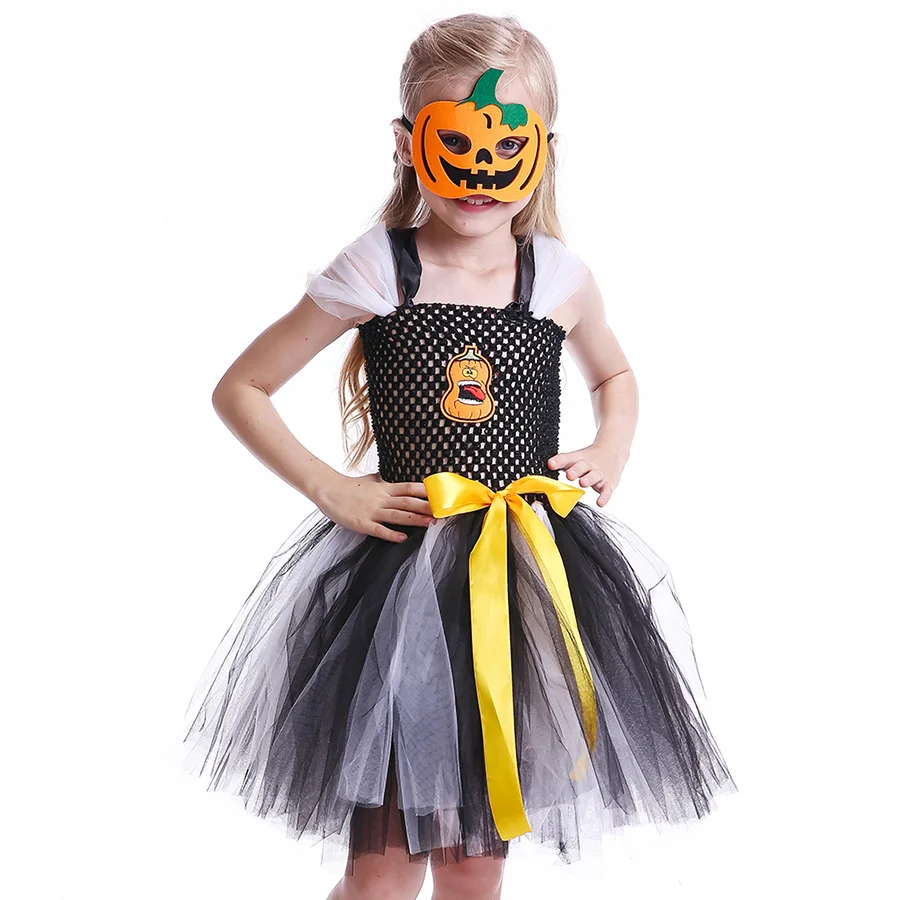 Kids Halloween TUTU Dress Girls Black White Tulle Costume with Pumpkin Mask (7)