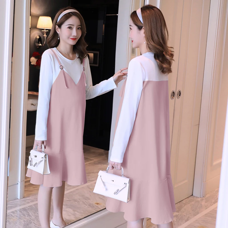 

9058# Sweet Patchwork Cotton Maternity Dress Autumn Spring Korean Fashion Clothes for Pregnant Women Elegant Pregnancy Clothing
