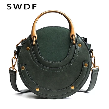 

SWDF Women Totes Bag Fashion Circular Leather Retro Brand Metal Ring Handbag For Girl Small Round Lady Shoulder Messenger Bags