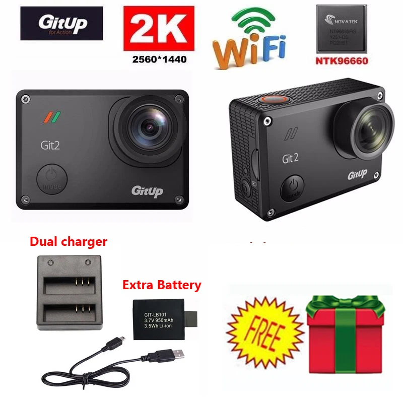 

Free Shipping!Gitup Git2 Novatek 96660 1080P WiFi 2K Outdoor Sports Action Camera+Extra 1pcs 950mAh Battery+Battery Charger
