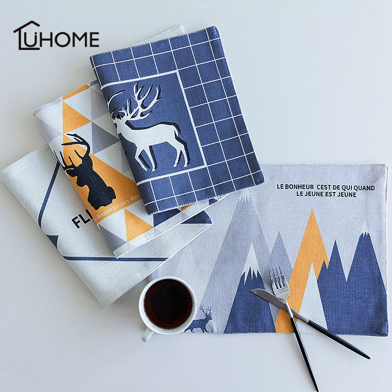 

Double Layer Cotton Linen Placemat Bar Mat Baby Kids Elk Geometry Art Table Mat Home Kitchen Decoration Pads 40x28cm