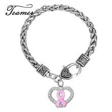 Teamer marque Design mode alliage de Zinc métal cristal émail rose Cancer du sein ruban coeur Bracelets porte-bonheur blé lien chaîne