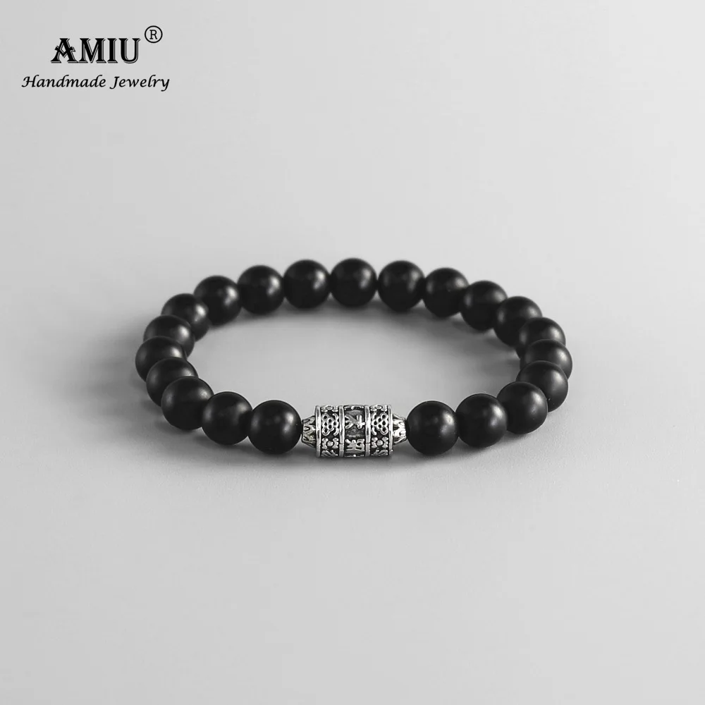 

AMIU Prayer Wheel High Quality Natural Black Bead Onyx Healing Balance Prayer Natural Stone Beads Yoga Bracelet For Men Women