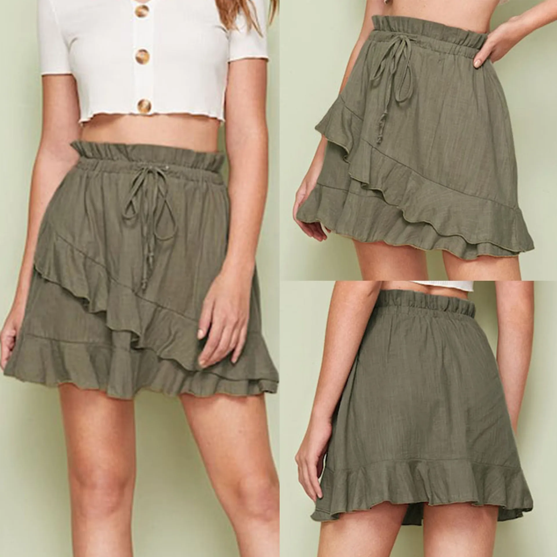 Women Summer Sexy Ruffled Green Estic Waist Bandge Women Skirt High Waist Mini Skirt A Line Skirts Womens Clothes Streetwear