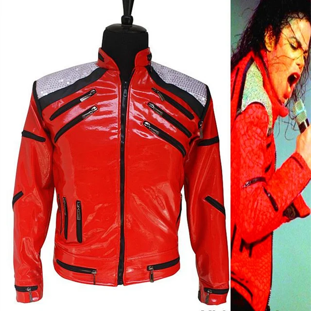 Impersonator Michael Joseph Jackson Costumes Jacket Red Beat It Zipper Sequins Leather Casual Dancer Shows Halloween 1
