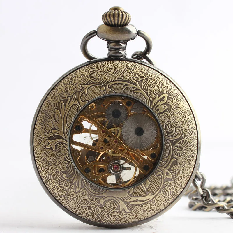 Classic retro diamond carved pocket watch bronze male lady manual mechanical old pocket watch men watch