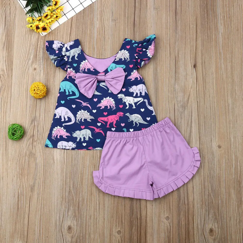 Комплект одежды для новорожденных девочек; жилет с бантом и динозавром; футболка+ трусики с оборками; шорты; костюмы для маленьких девочек