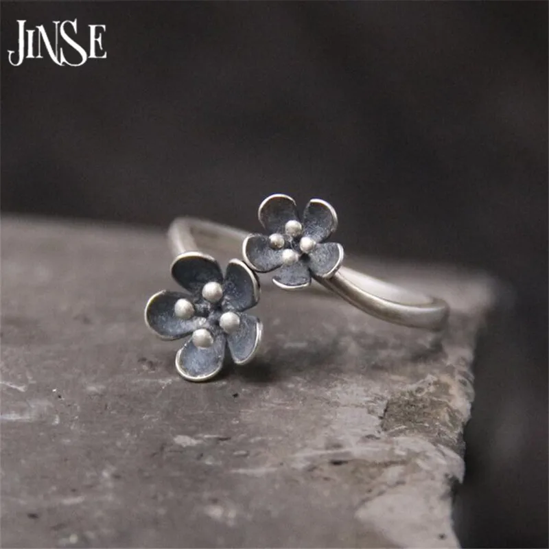 

JINSE Retro Style s925 Sterling Silver Original Design Handmade Double Flower Open Ring For Women Top Fashion Gift Promotion 14m