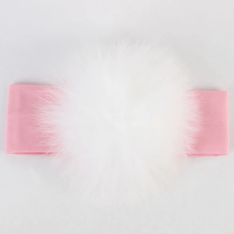 Geebro 15 см, помпоны из искусственного меха енота, Детская повязка из хлопка, Детские эластичные волосы для девочек, тюрбан-повязка для девочек, повязки для малышей - Цвет: Pink White