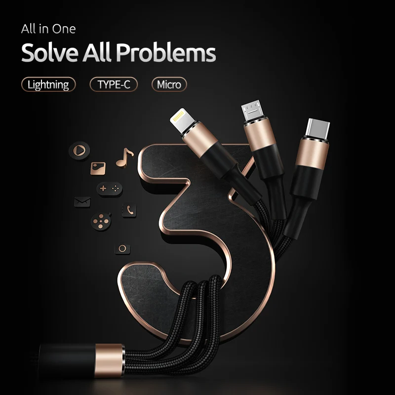 

T-phox 3in1 USB Cable for iPhone X 8 7 6 Cable Micro USB Type C Cable for Samsung S10 S9 Fast Charging Cable 3A Charger Cord