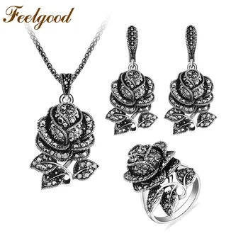 

Feelgood Vintage Silver Color Jewellery Set Fashion Black Crystal Rose Flower Jewelry Sets For Women Wedding Party Gift