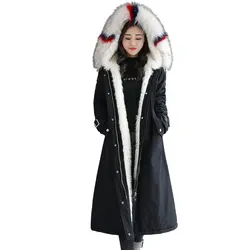 Длинное зимнее пальто парка Женская мода большой меховой воротник с капюшоном стеганая куртка плюс размер толстый теплый пуховик