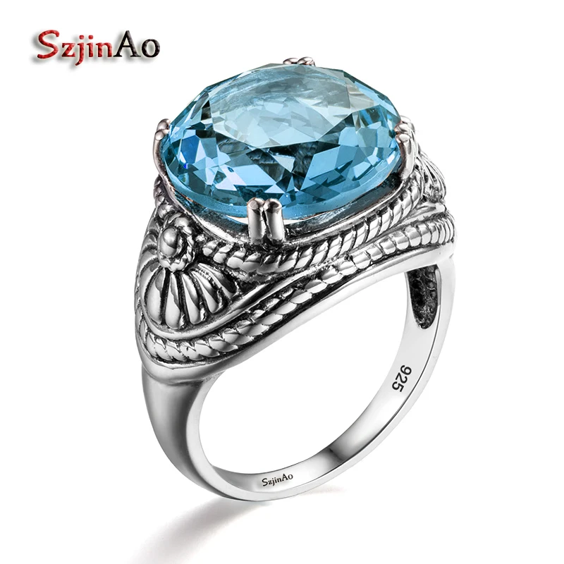 

Szjinao Wholesale 925 Sterling Silver Vintage Rings 9.9 ct Blue Aquamarine Female Ring Classic Wedding Gifts Fashion Jewelry