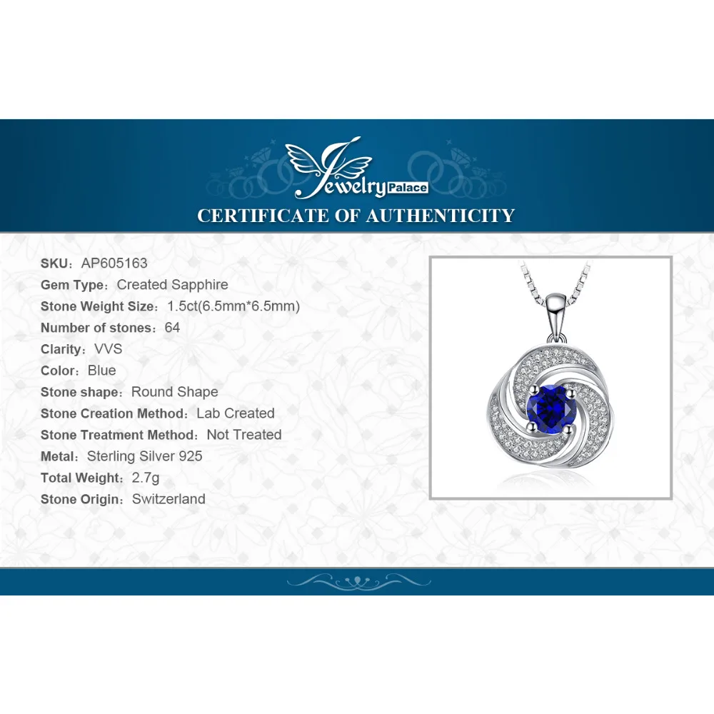 Jewelrypalace Роскошные 1.9ct создан сапфир кулон Цепочки и ожерелья из натуральной 925