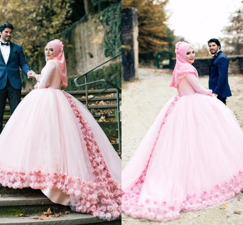 Best Seller Pink Ball Gown Muslim Wedding Dresses High Neck Long