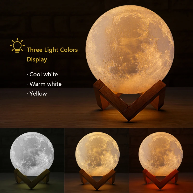 

Rechargeable 3D Lights Print Moon Lamp 3 Color Change Touch Switch Moon Light Bedroom Led Night Light Home Decor Creative Gift