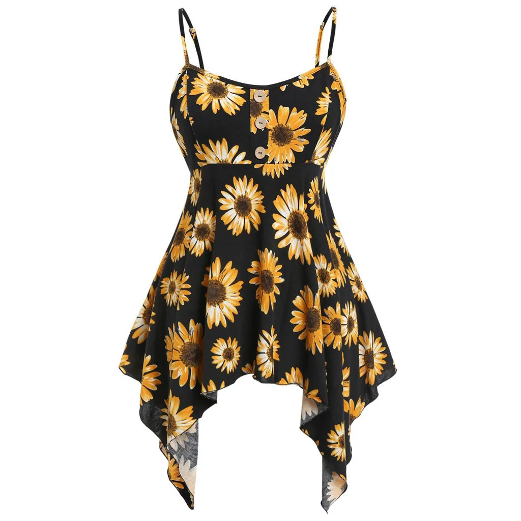 

Summer Camis Chiffon Dresses 5xl Plus Size Dress Fashion Womens Sunflower Print Chiffon Sundress Asymmetric Camis Dress #15