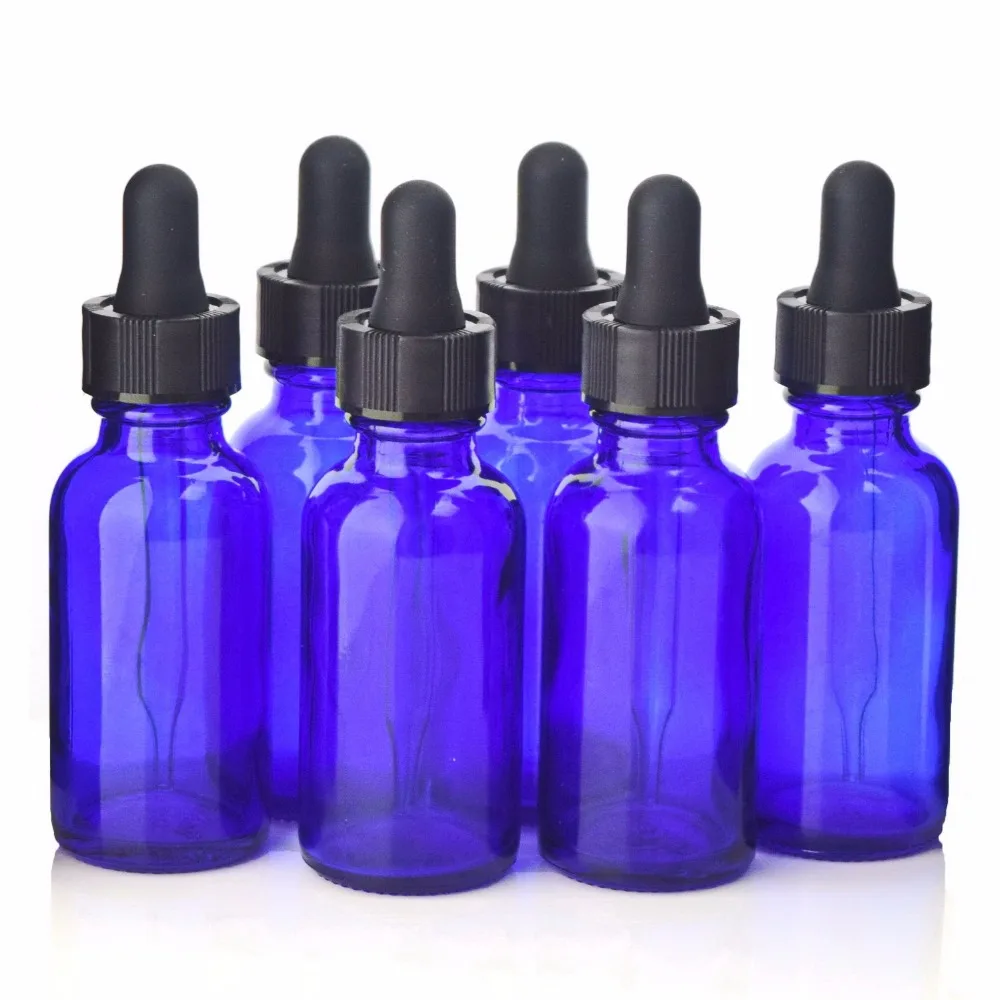Baratos 6 uds. 30ml botella cuentagotas de vidrio azul cobalto botellas vacías de pipeta cuentagotas para aceites esenciales aromaterapia Boston redonda 1 Oz