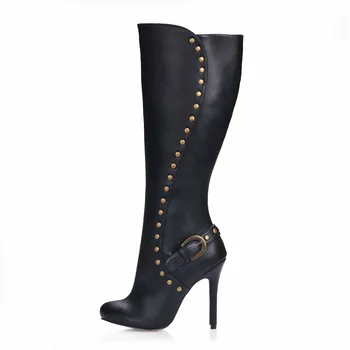 

SDTRFT Stilettos 12cm thin heels Knee-High boots Rivet shoes Woman Crossdresser Buckle Botas Zipper PUNK Motorcycle SM pumps