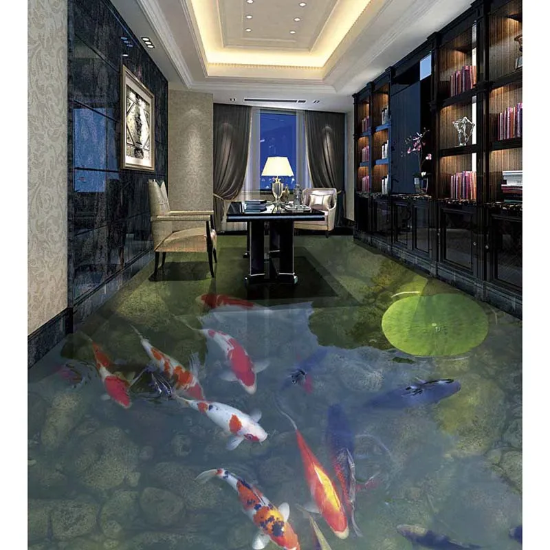 

3D Floor Custom Photo Floor 3D Wallpaper Modern Art Pond Fish Lotus Leaf PVC Wallpaper Self-adhesive Floor Mural 3D Floor