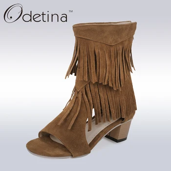 

Odetina 2019 Brand Fashion Woman Sandals Fringe Tassels Open Toe Gladiator Summer Boots Chunky High Heel Zip Up Big Size 32-45