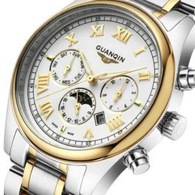 Мужские часы от роскошного бренда GUANQIN, мужские часы с полностью стальным браслетом, водонепроницаемые светящиеся повседневные кварцевые спортивные мужские часы, наручные часы - Цвет: White gold