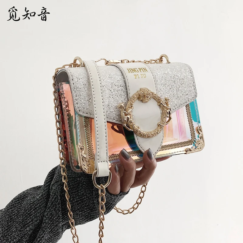 

Transparent Laser Square Bag 2019 Fashion New High Quality Pvc Women's Designer Handbag Sequin Chain Shoulder Messenger Bags
