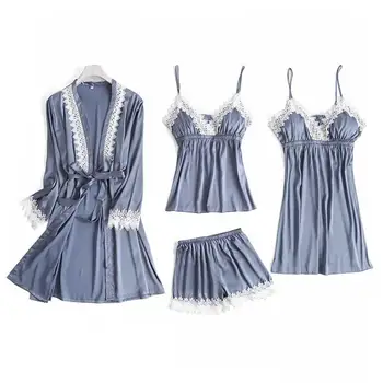 

Sexy Trim Slim Pajamas Suit 3PCS Cami+Strap+Pant+Robe Home Clothing Summer New Sleepwear Nightgown Casual Femal Sleep Set M-XL