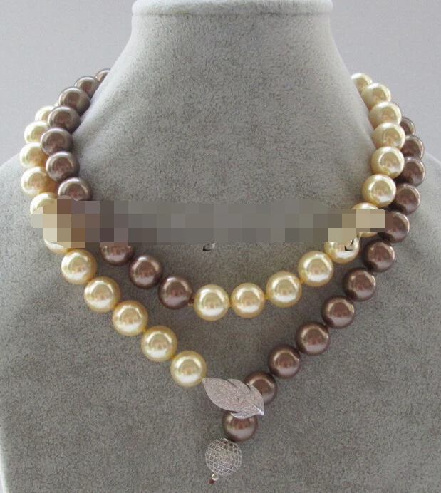 

HOT N370 35" 12mm gold + coffee perfect round south sea shell pearl necklace - GP clasp