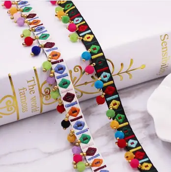

10Yards Bohemian Ethnic Embroidery Lace Trim Ribbons Colorful Round Ball Tassel Pompom Beads Pendant Collars Curtain Accessories