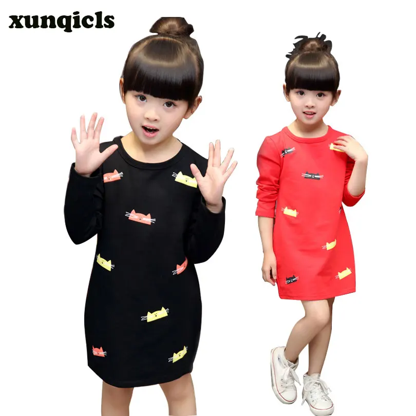 xunqicls Children Girls Long Sleeve Dress Baby cotton Dresses Cat Printed kids clothes