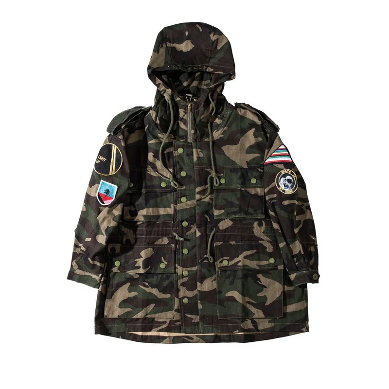 

Hooded Embroidery Loose Long Jacket Men Hip Hop Military Camouflage Coat Man Oversize Patchwork Jackets 2020 New