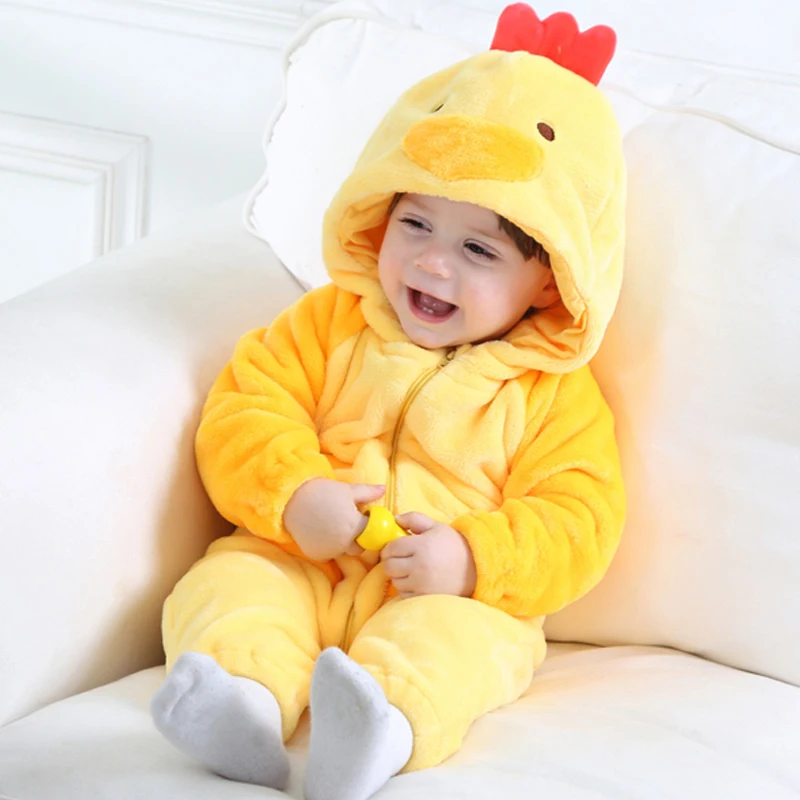 Spring Autumn Chickens Flannel Romper for 0-3Y Baby Boy Girl Long Sleeve Children Climbing Clothes Yellow Hooded Infant Jumpsuit | Мать и