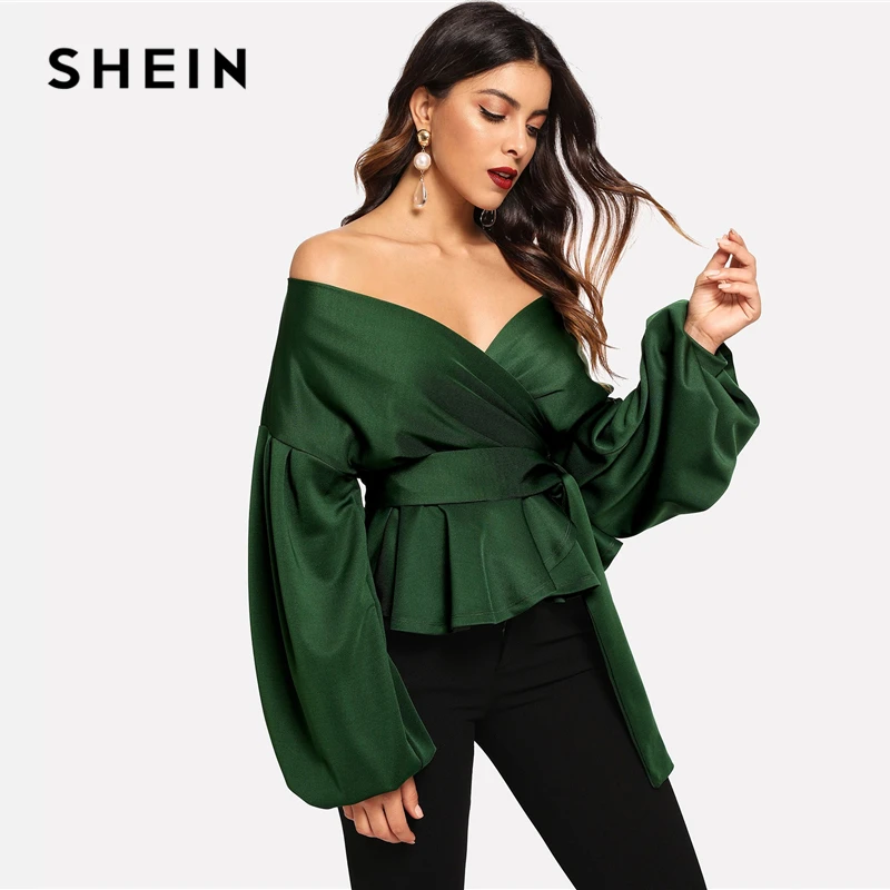 Женская офисная блузка SHEIN элегантная однотонная зеленого цвета с открытыми