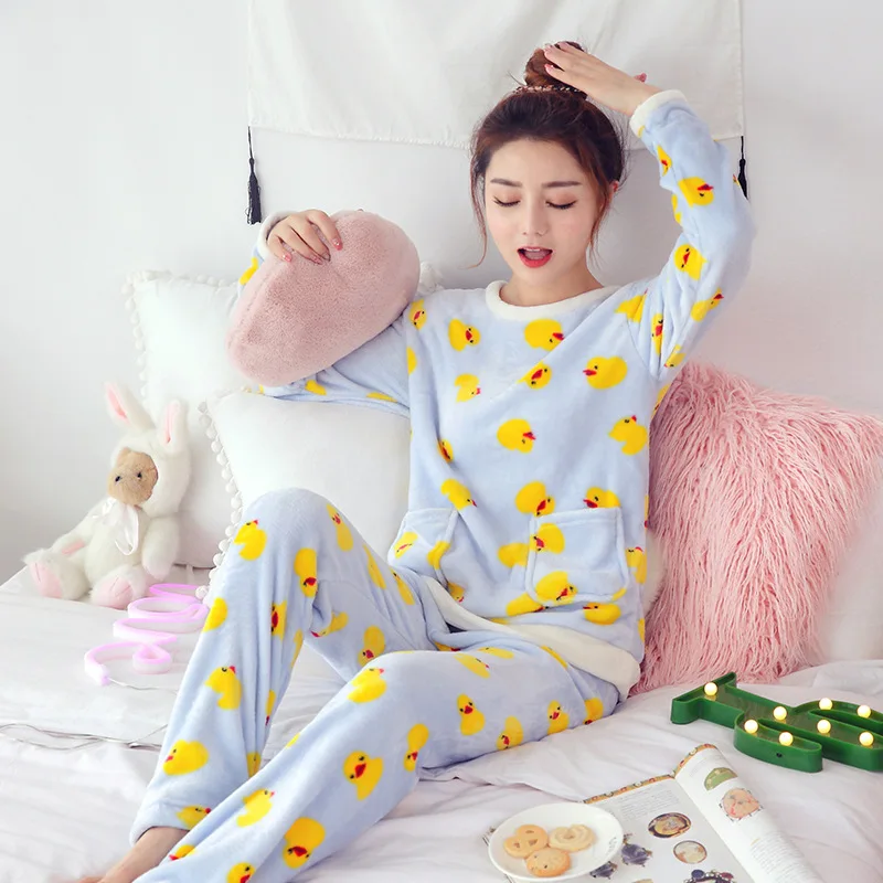 

JINUO Long sleeved leisure Pajamas Set Loose waist cartoon pattern woman winter soft cotton pyjamas sleepwear