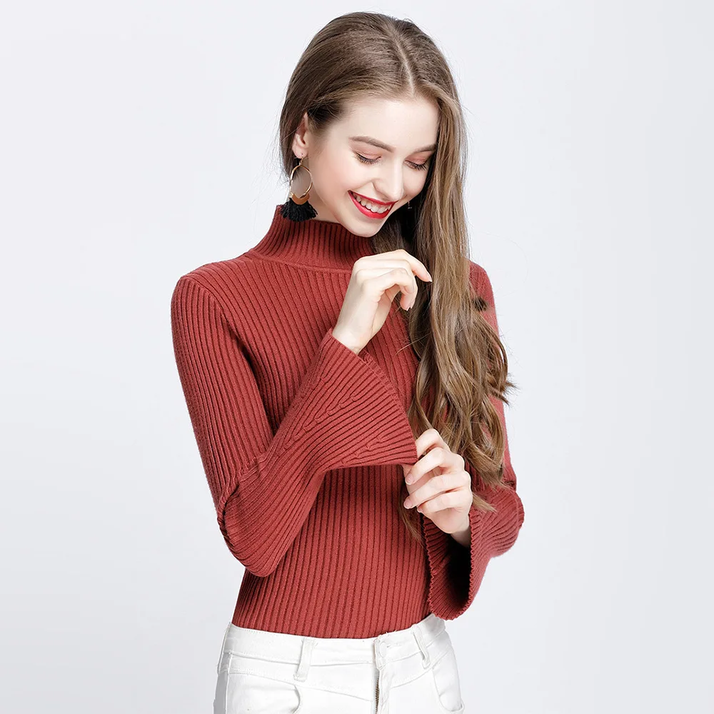 Pullover Limited 2019 New Knitted Sweater In Autumn And Winter Semi High Collar Horn Sleeve Thickening Bottoming Warm Big Size | Женская