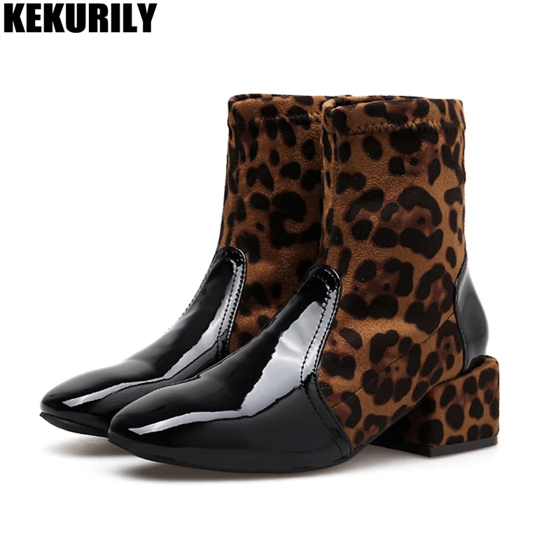 

Patchwork Leopard Ankle Boots for Women Chunky heels short socks boot Winter Plush Warm Ladies Booties Casual Square toe Shoes