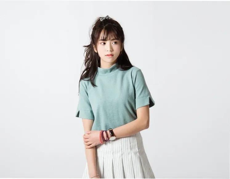 Женская футболка Харадзюку,, короткий топ, корейский стиль, новинка, весна-лето, футболки для женщин, макароны, цветные, с разрезом, kawaii, приталенная женская футболка