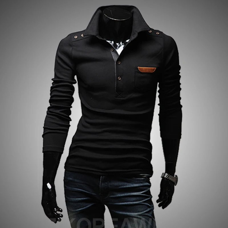 2014 Mens Retro Button Turn Down Collar Men's Long Sleeve T-shirt Black Dark Grey Plus Size M L XL XXL |