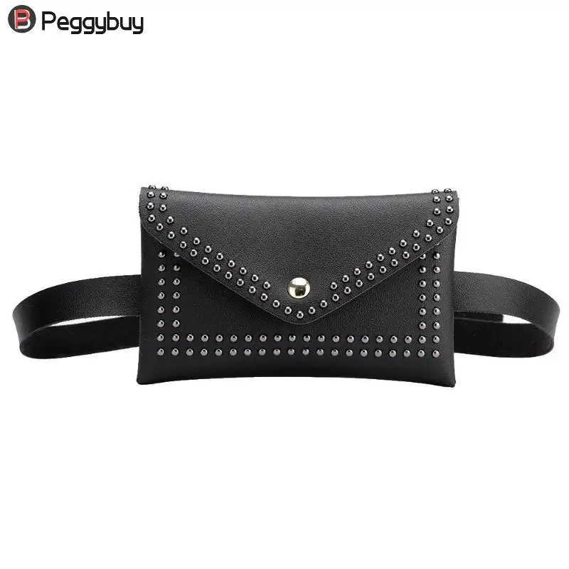 Модная поясная сумка с заклепками, Маленькая женская поясная сумка, чехол для телефона в стиле панк, поясная сумка, кошелек, сумка через плечо - Цвет: Черный