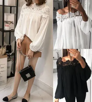

Elegant Female Women's Casual Long Sleeve Loose Casual Blouse Lace Stitching Chiffon Shirt Women Clothing