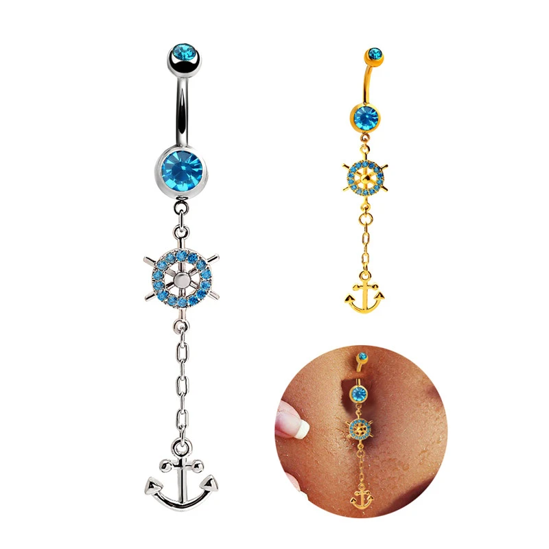 Rhinestone Anchor Dangle Button Barbell Belly Navel Ring Bar Body