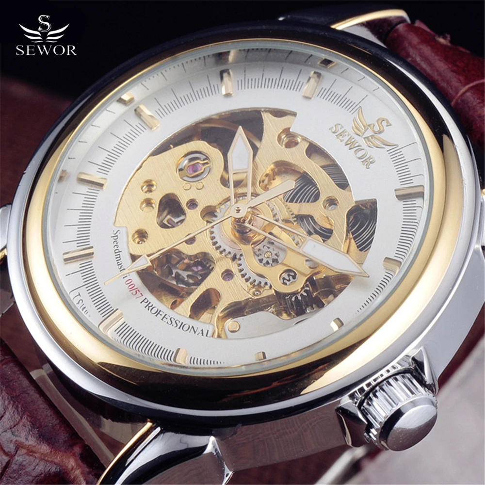 

SEWOR Luxury Brand Gold Skeleton Watch Men Brown Leather Strap Military Business Clock Automatic Mechanical Wrist Watches Gift