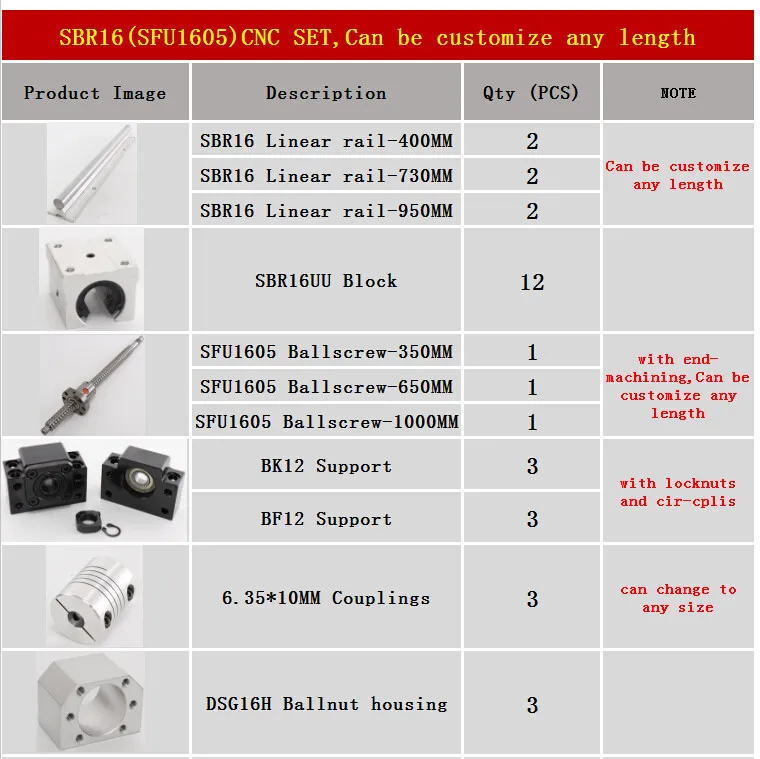 6 комплектов линейных рельсов SBR16 линейных направляющих любой длины+ линейных подшипников+ SFU1605 шариковый винт+ 3 BK12/BF12+ 3 DSG16H гайки+ 3 муфты - Цвет: 400 730 950