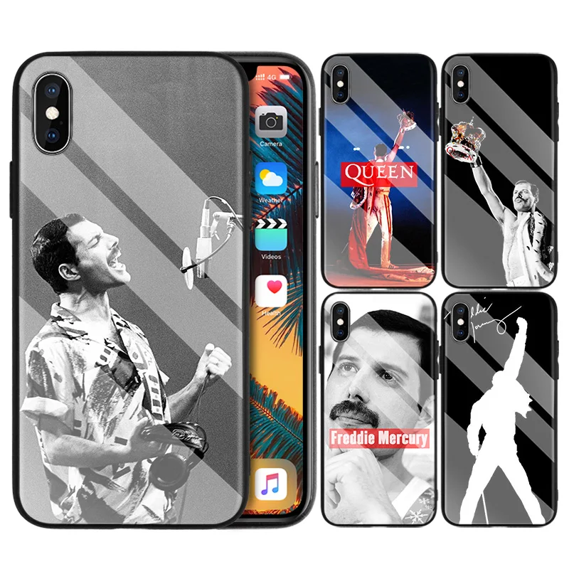 

Tempered Glass Cover for iPhone 7 X Back Shell for iPhone 8 6 6S 11 11Pro XR XS MAX Plus Queen Freddie Mercury King Vintage Case