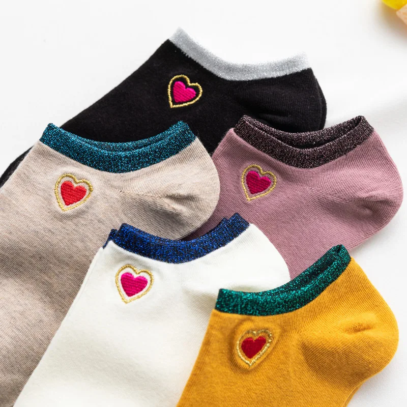 Блестящие модные блестящие разноцветные женские носки с сердечками весна-лето Bling хлопковые носки с милой вышивкой милые короткие носки